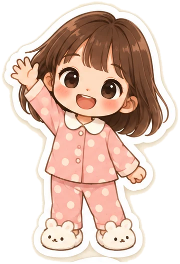 Mia, a cartoon girl in pink polka-dot pyjamas, waving